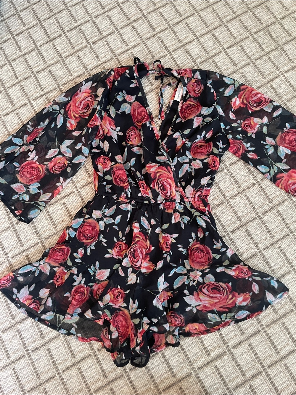 Band of Gypsies Black Floral V-Neck Romper with Pink Roses